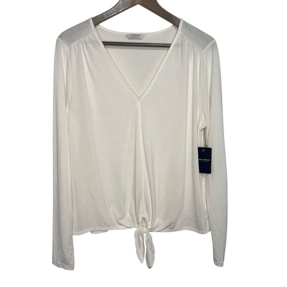 Lucky Brand Long Sleeve Tie Front V-Neck Top Womens Medium White Tee T-Shirt - Picture 1 of 6